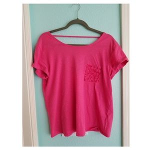 CLEARANCE! Hot pink tshirt. Lace pocket detail.
